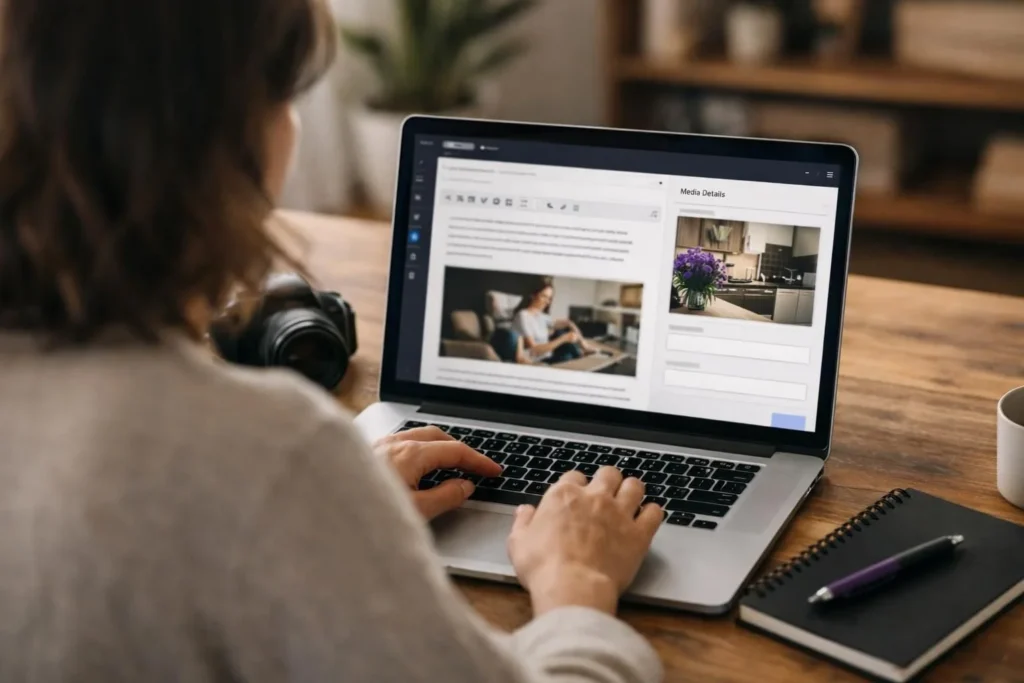 Person typing on laptop with media details page open