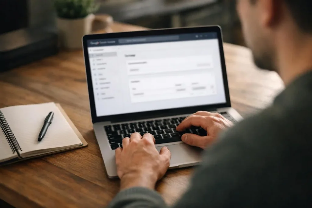 Hands typing on laptop showing Google Search Console page