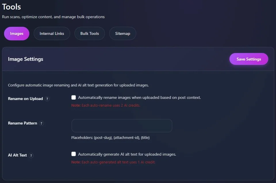 Tools interface showing Image Settings with rename and AI alt text options