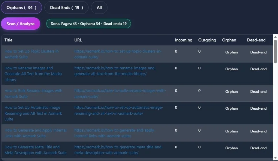 Dashboard table listing orphan and dead-end pages with URLs