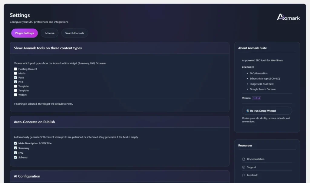 Aomark settings dashboard with plugin options and checkboxes