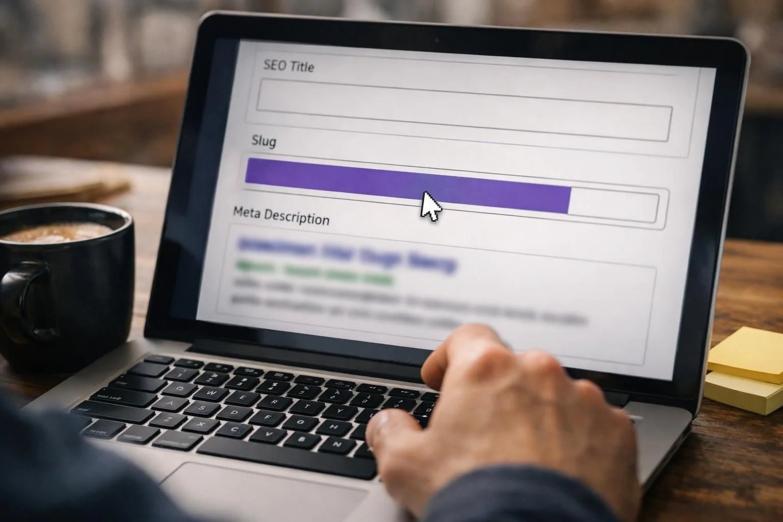 Hand using laptop with SEO fields and purple slug bar