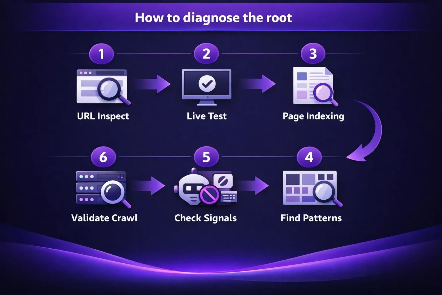 Purple flowchart showing six steps to diagnose root