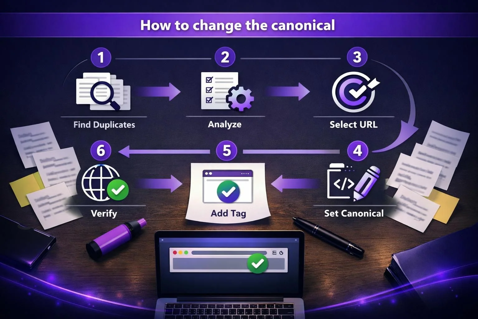 Purple infographic showing steps to change canonical URL