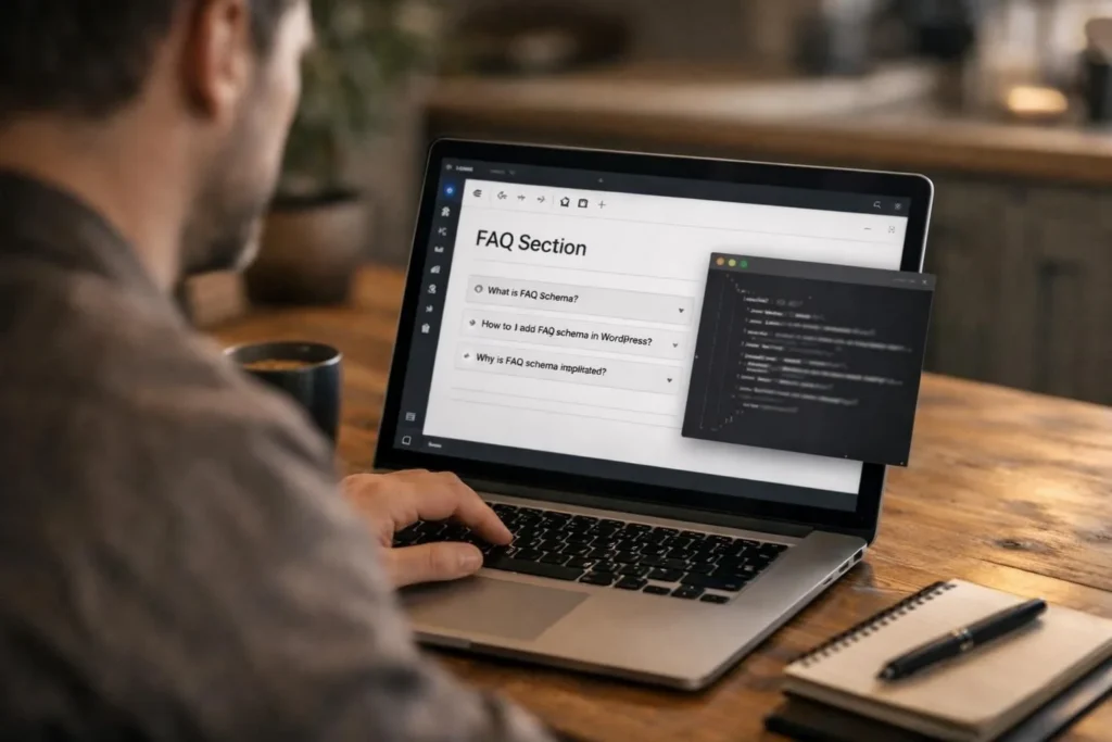 Person using laptop showing FAQ section and code window
