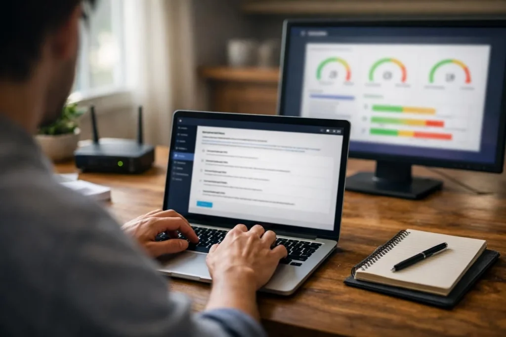 Person using laptop with performance dashboard on monitor