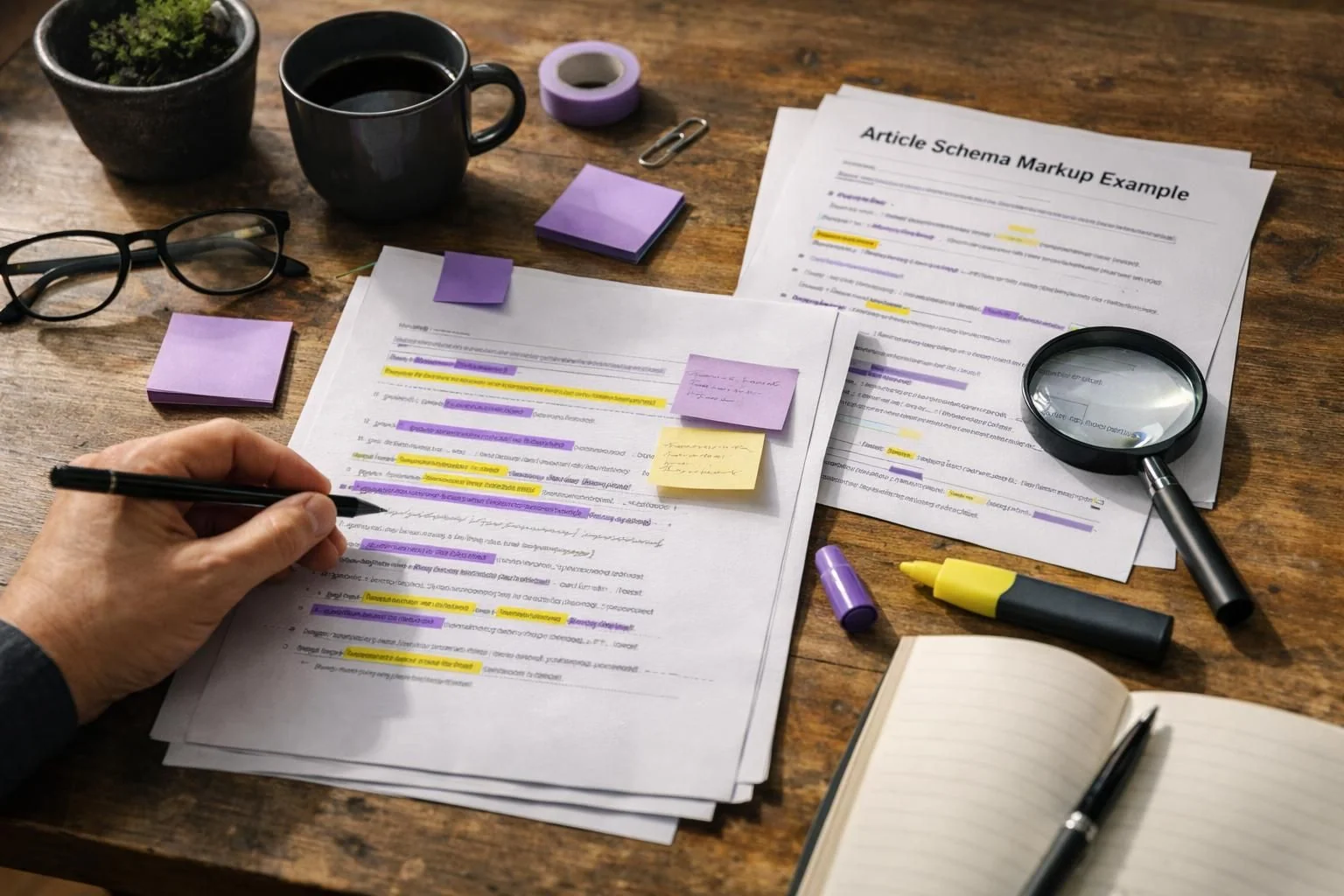 Hand annotating highlighted documents with sticky notes and magnifier