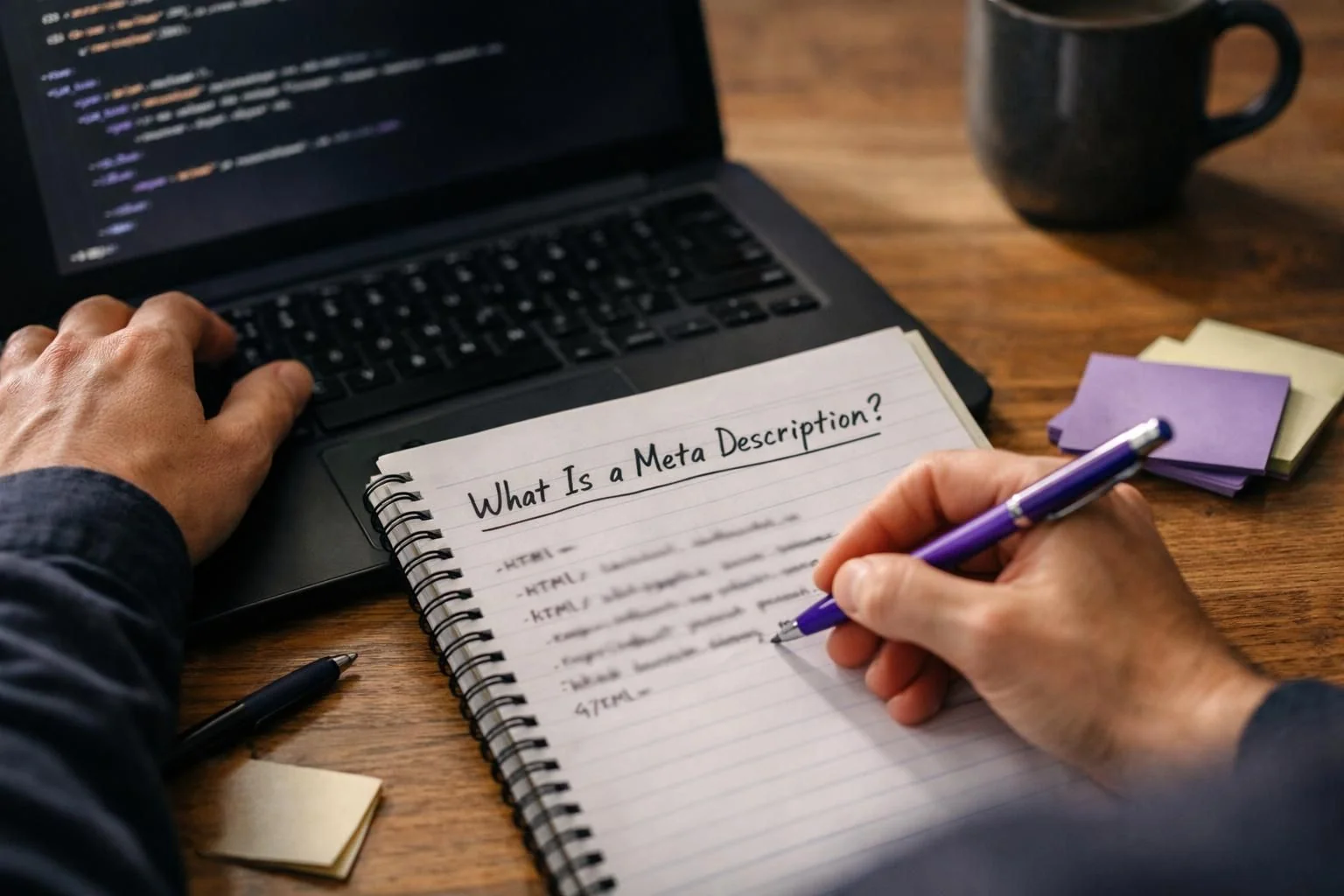 Hands writing meta description notes beside laptop code