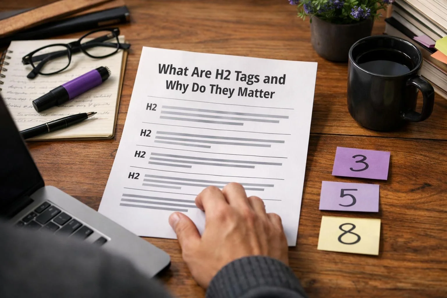 Hand holding paper titled What Are H2 Tags on desk