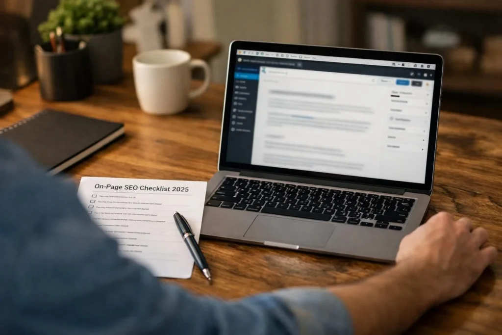Laptop on wooden desk beside On-Page SEO Checklist 2025 sheet