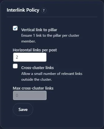 Interlink Policy settings panel with checkboxes and Save button