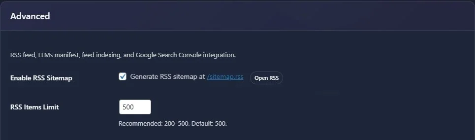 Advanced settings panel showing RSS sitemap enabled and limit 500