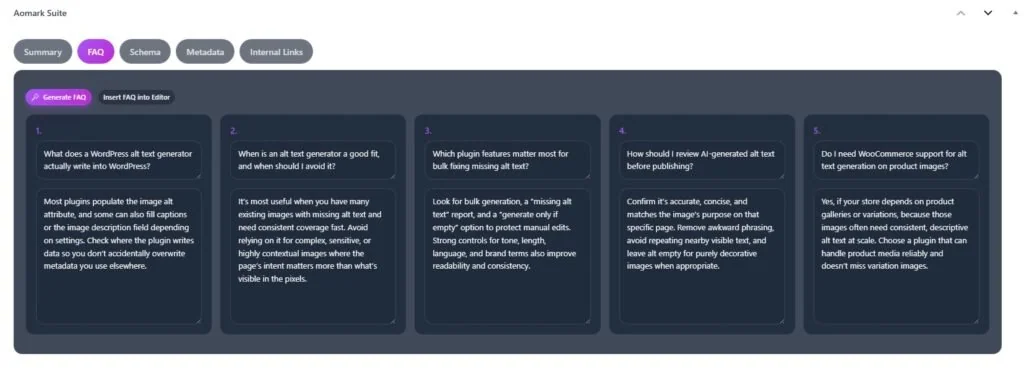 Aomark Suite FAQ tab showing five question cards in dark mode