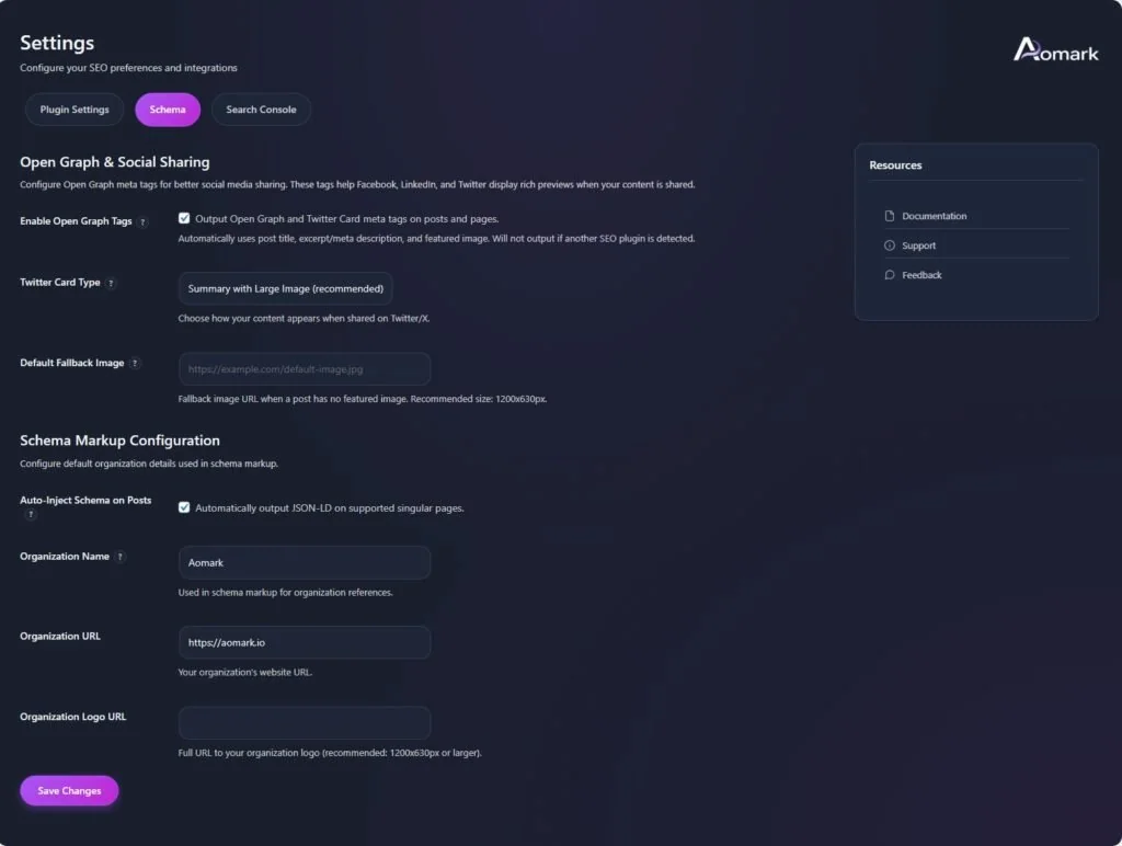 Dark settings dashboard showing Open Graph and schema options