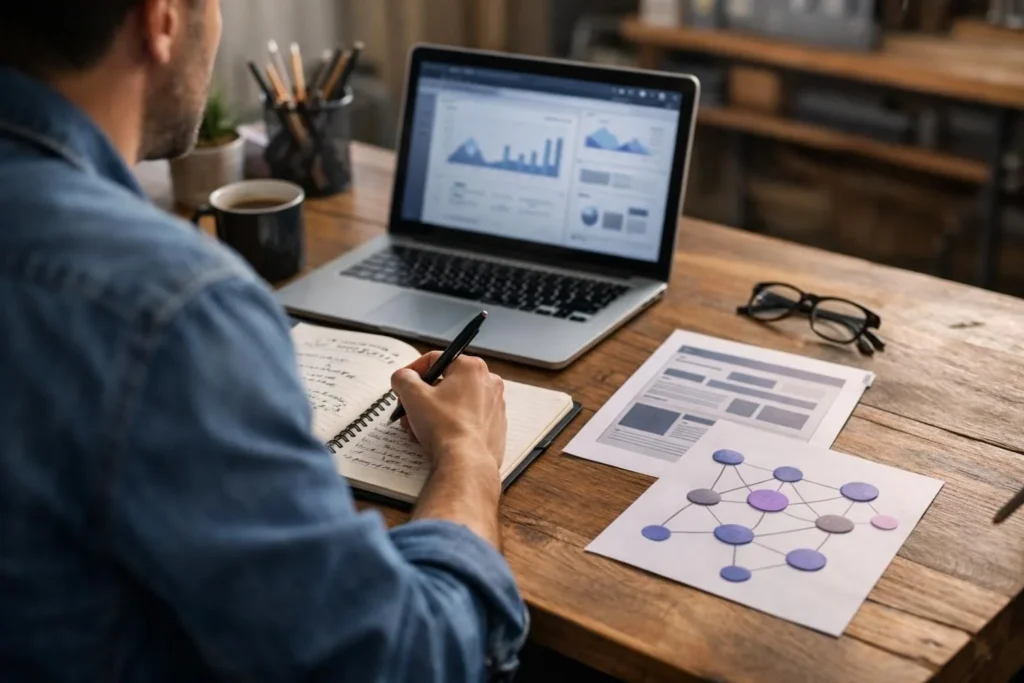 Person taking notes beside laptop with analytics charts and diagrams