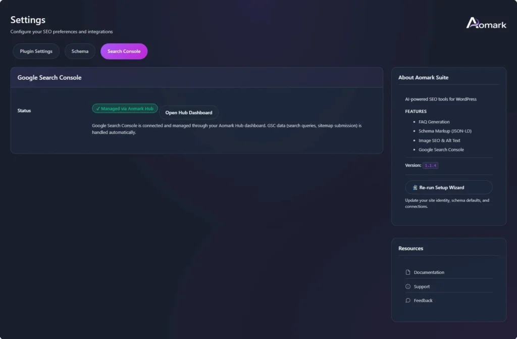 Aomark Suite settings page showing Google Search Console connected status