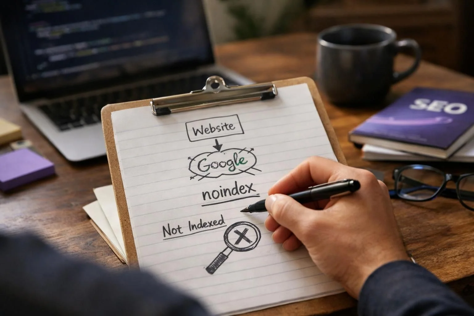 Hand writing noindex note on clipboard beside laptop