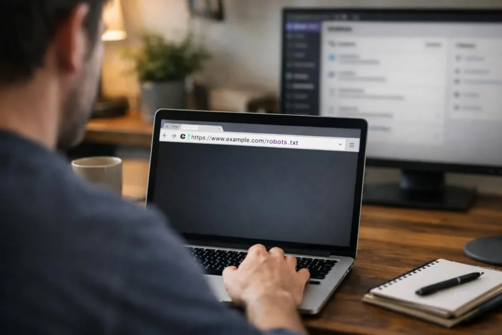 Person typing on laptop showing robots.txt URL in browser