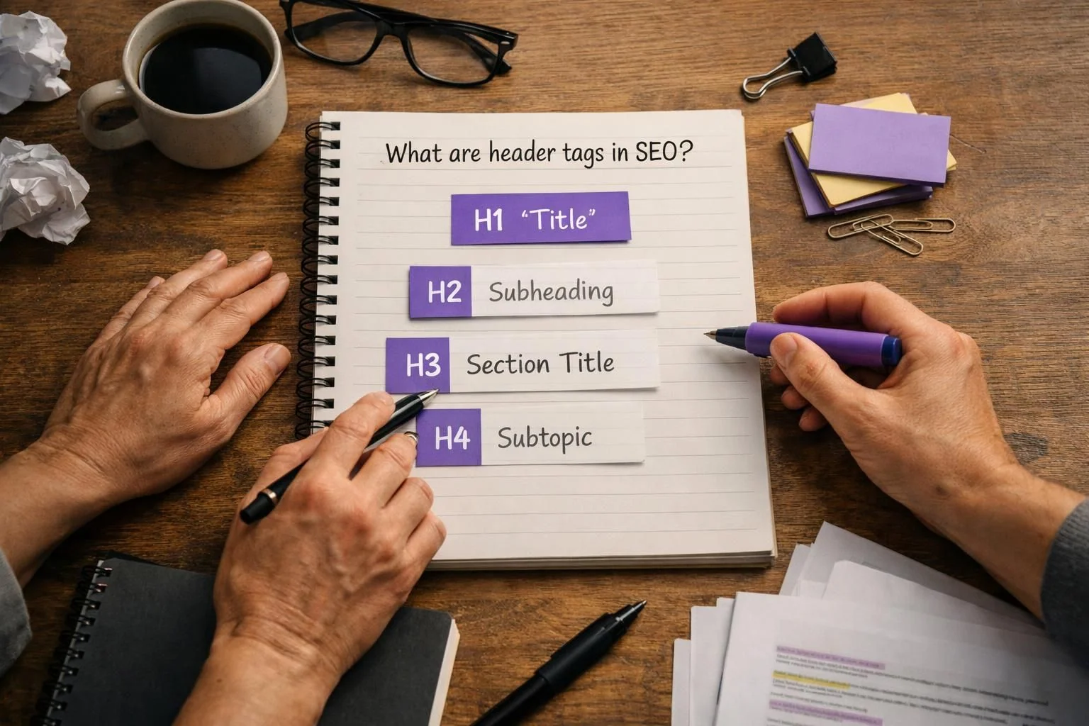 Hands holding pens over notebook explaining SEO header tags