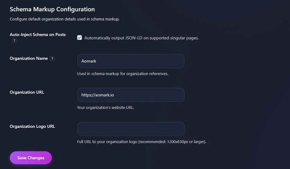 Schema Markup Configuration settings with organization name and URL fields