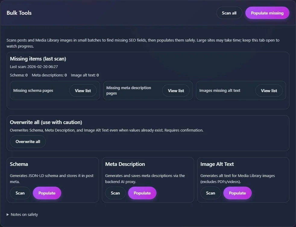 Bulk Tools dashboard with scan and populate missing buttons