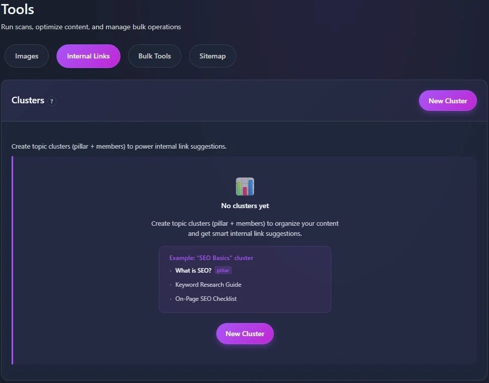 Internal Links tab showing Clusters page with New Cluster button