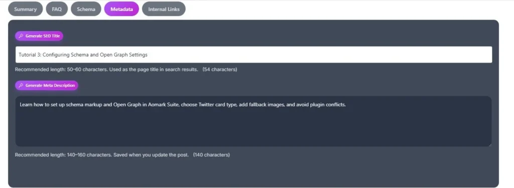 Metadata settings tab with SEO title and description fields