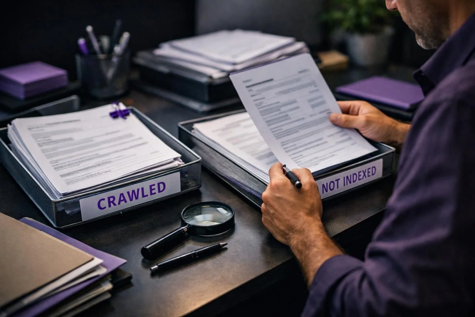 Man reviews documents beside crawled and not indexed trays