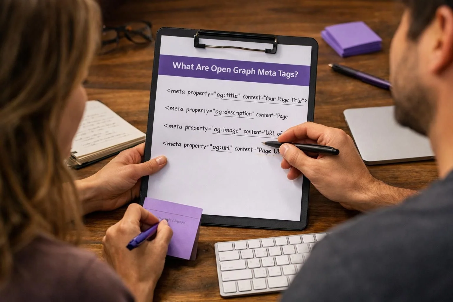 People reviewing Open Graph meta tags on clipboard