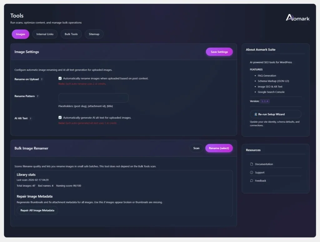 Dark tools dashboard showing image settings and bulk renamer