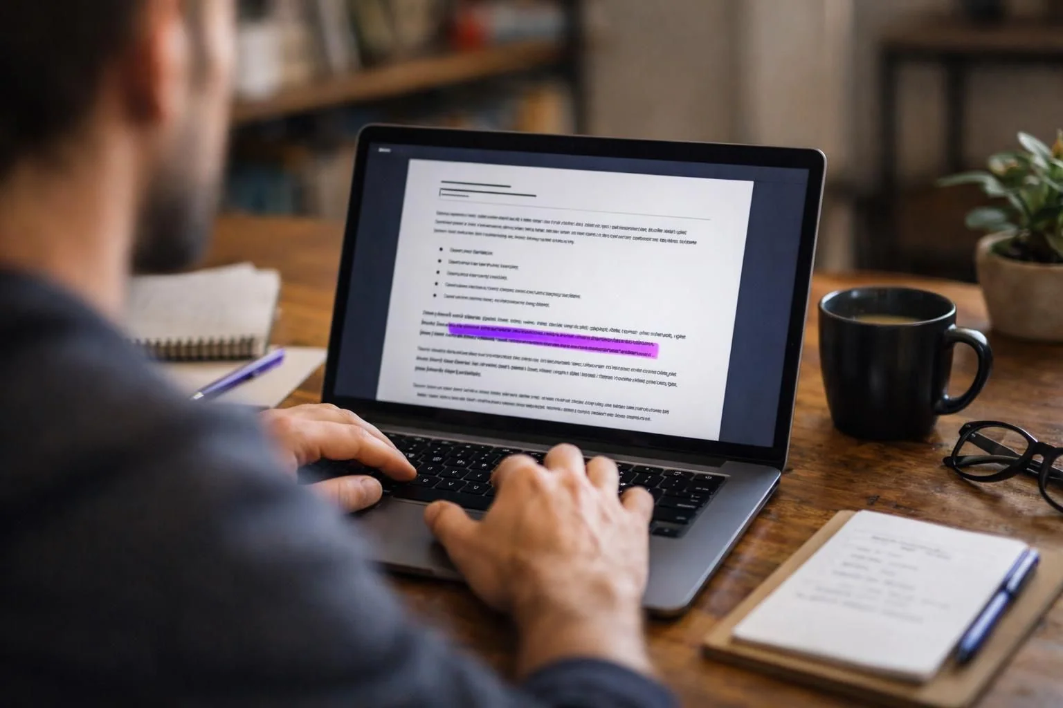 Person typing on laptop with highlighted document, coffee mug