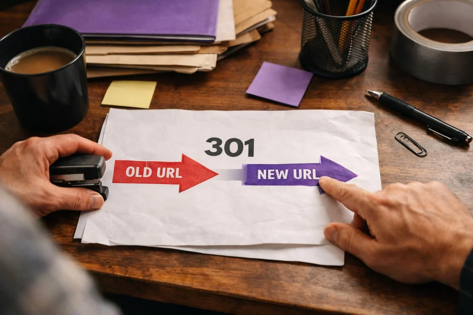 Hands pointing at 301 redirect from old URL to new URL
