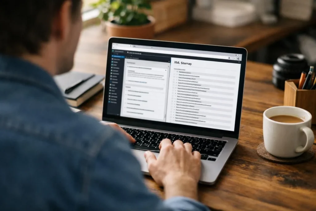 Person typing on laptop showing XML sitemap list