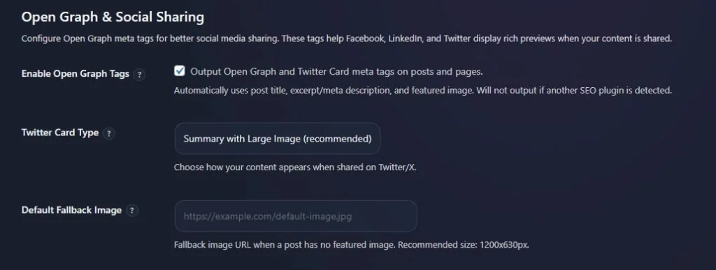 Open Graph and social sharing settings with Twitter card options