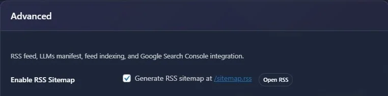 Advanced settings showing RSS sitemap option and sitemap.rss link