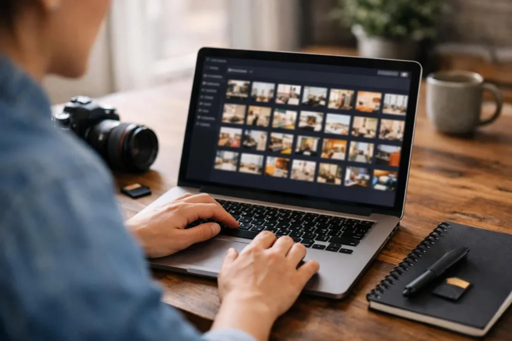 Hands using laptop showing photo thumbnails in grid view