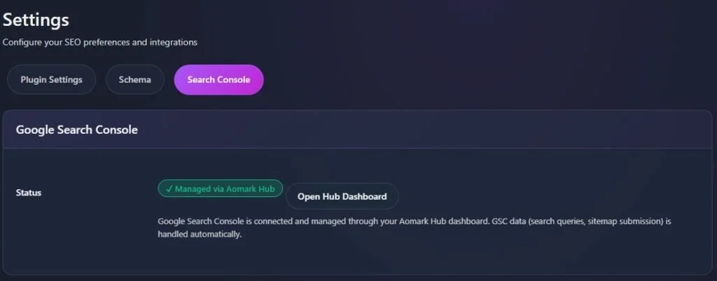Settings page showing Google Search Console connection status and dashboard link