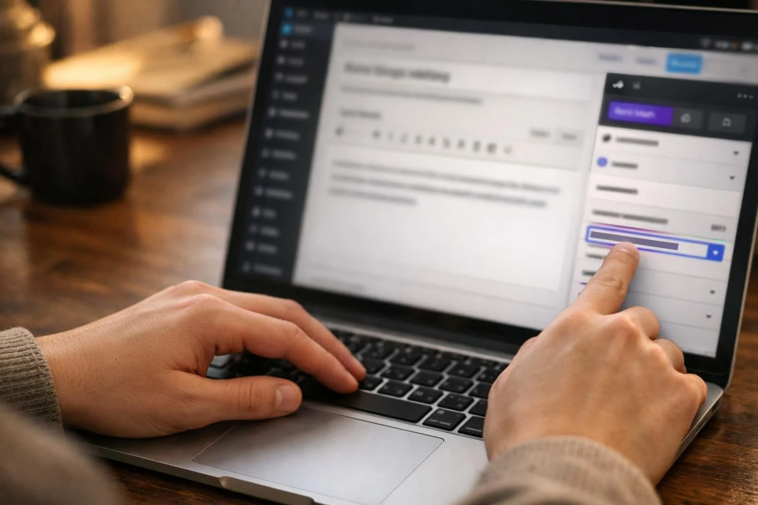 Hands using laptop, editing webpage settings with finger tap