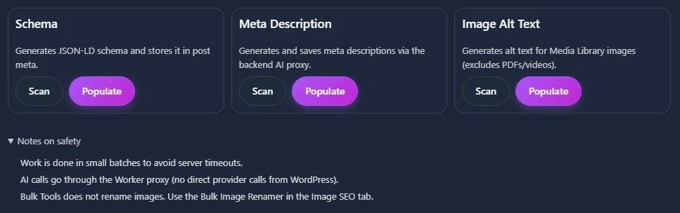 Dashboard cards for Schema, Meta Description, and Image Alt Text