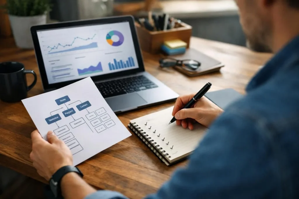 Person reviewing site map diagram beside laptop analytics charts