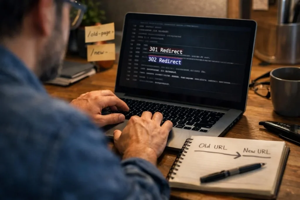 Hands typing on laptop showing 301 and 302 redirect code