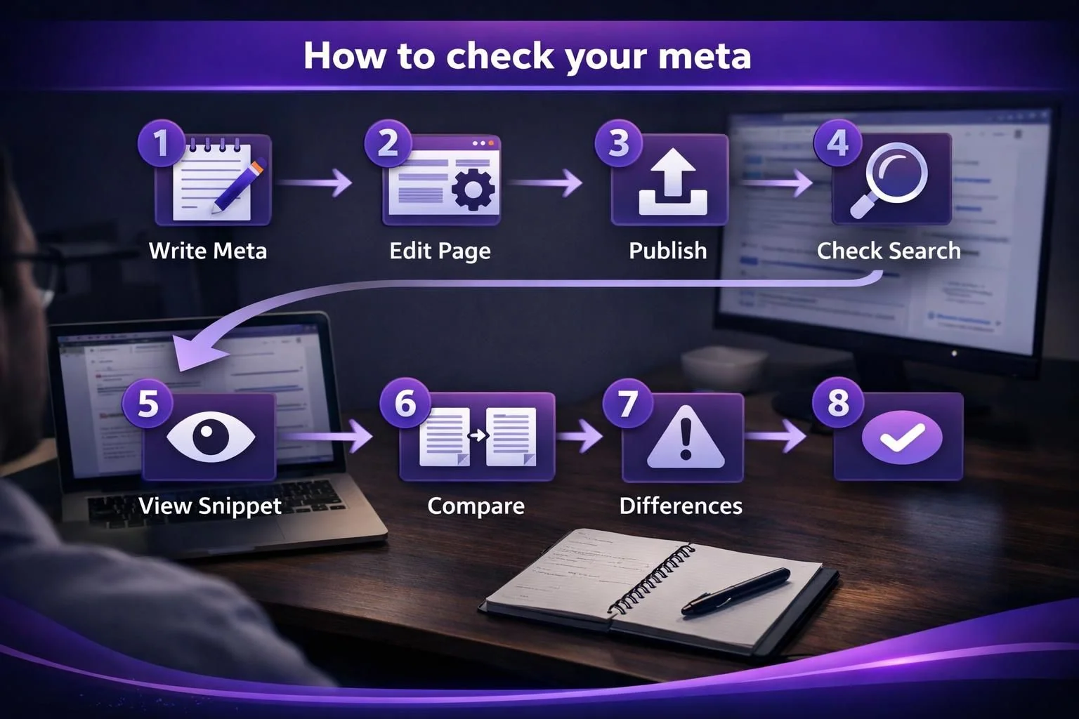 Purple infographic showing steps to check website meta tags