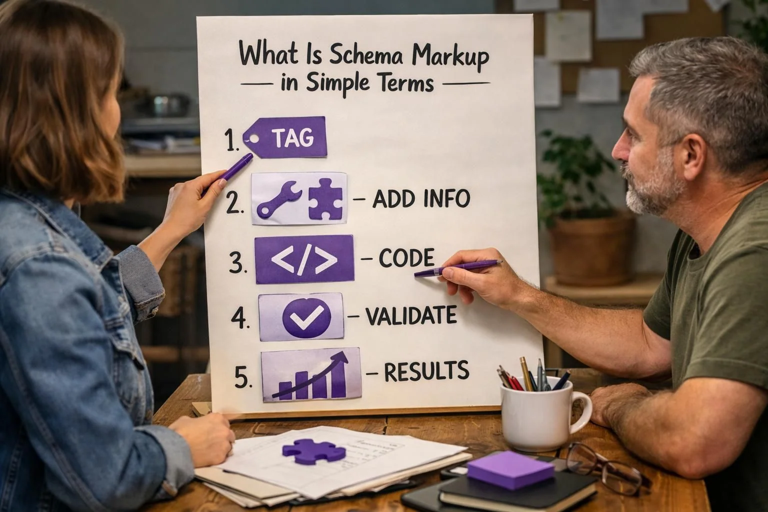 Two people pointing at schema markup steps on poster