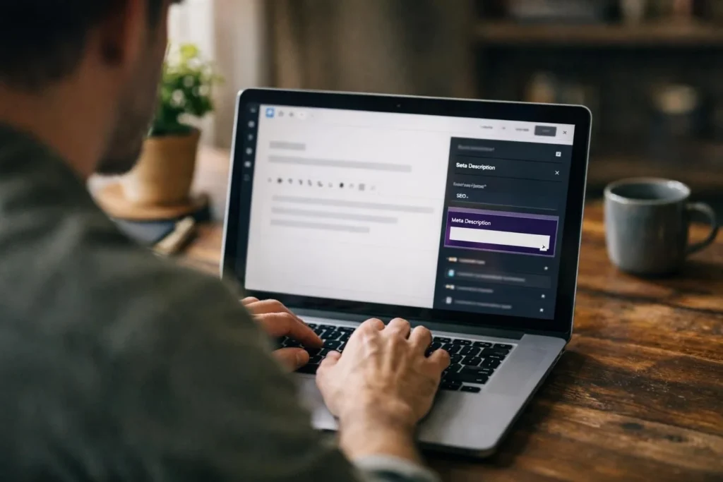 Person typing on laptop showing meta description settings panel
