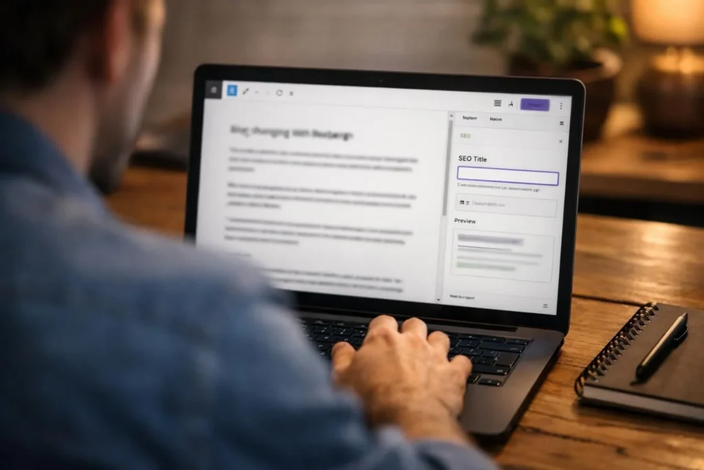 Person editing SEO title field on laptop screen