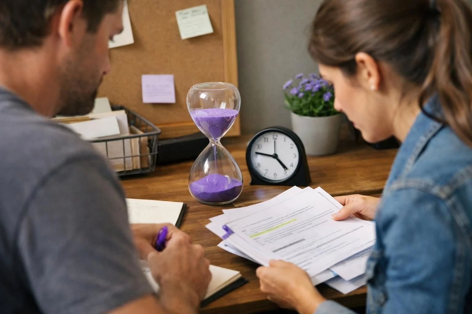 Two people reviewing papers beside purple hourglass and clock