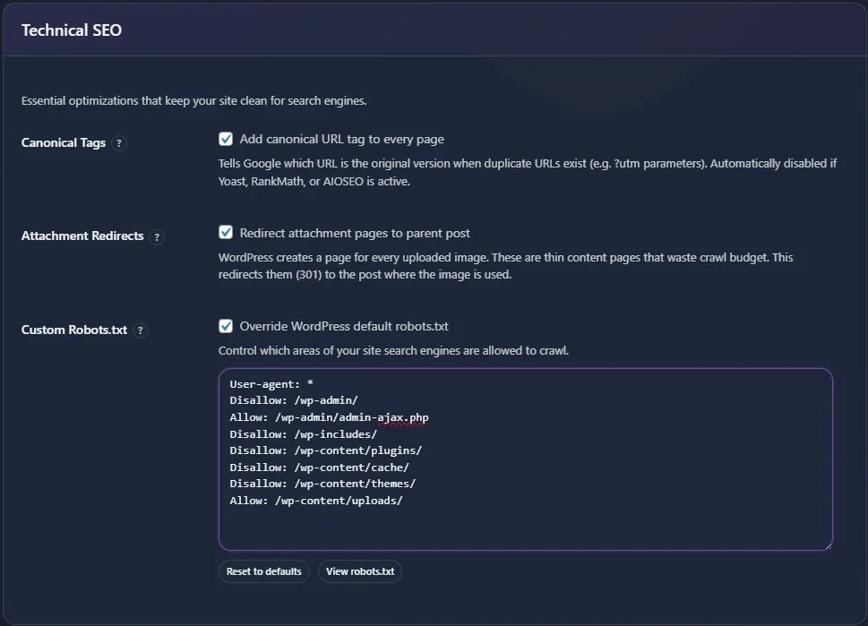 Technical SEO settings with canonical tags, redirects, robots.txt options
