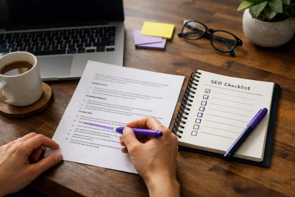 Hand holding purple pen near SEO checklist notebook on desk