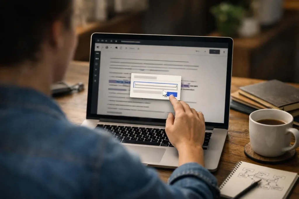 Hand clicking login form popup on laptop screen