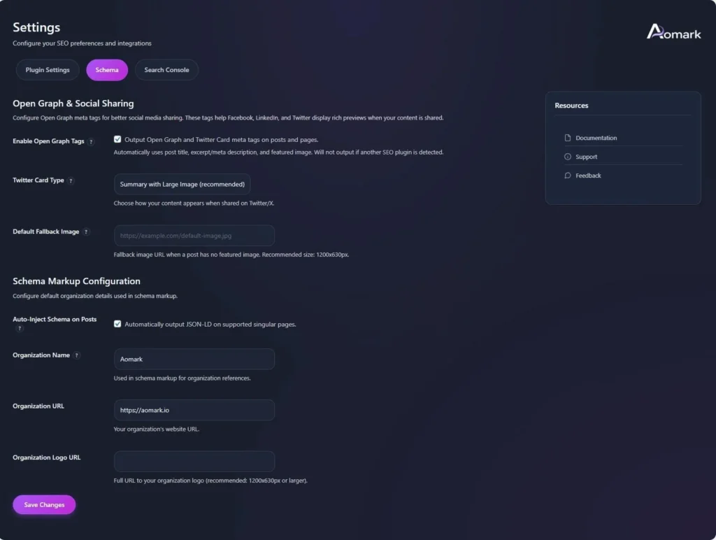 Dark settings dashboard showing Open Graph and schema options